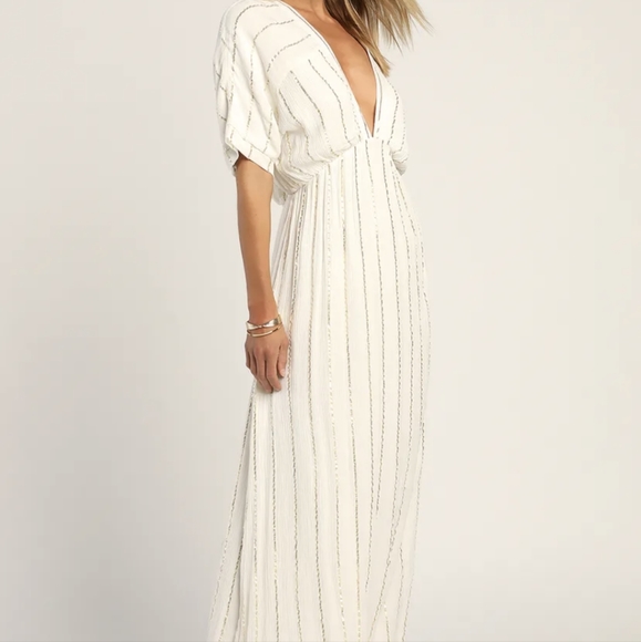 Lulu's Goddess Vibes Ivory Gold Striped Dolman Sleeve Maxi Dress - Picture 4 of 5